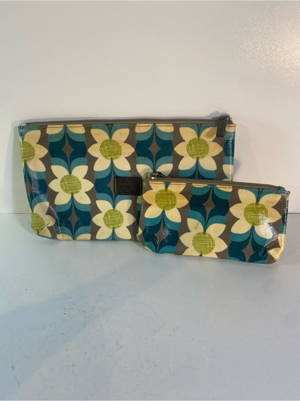 Set Of Two Fossil Key-Per Coated Canvas Cosmetic Clutch 7”X4” & 11”X6”